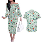 Australia Christmas Couples Matching Off The Shoulder Long Sleeve Dress and Hawaiian Shirt Aussie Kookaburra Watercolor Seamless Style - Aussie Hoodie