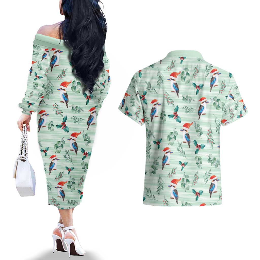 Australia Christmas Couples Matching Off The Shoulder Long Sleeve Dress and Hawaiian Shirt Aussie Kookaburra Watercolor Seamless Style - Aussie Hoodie