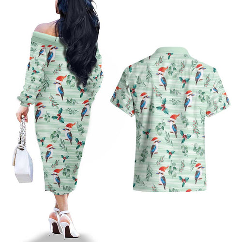 Australia Christmas Couples Matching Off The Shoulder Long Sleeve Dress and Hawaiian Shirt Aussie Kookaburra Watercolor Seamless Style - Aussie Hoodie