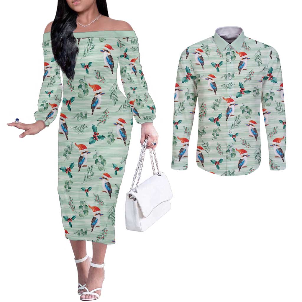 Australia Christmas Couples Matching Off The Shoulder Long Sleeve Dress and Long Sleeve Button Shirt Aussie Kookaburra Watercolor Seamless Style - Aussie Hoodie