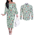 Australia Christmas Couples Matching Off The Shoulder Long Sleeve Dress and Long Sleeve Button Shirt Aussie Kookaburra Watercolor Seamless Style - Aussie Hoodie