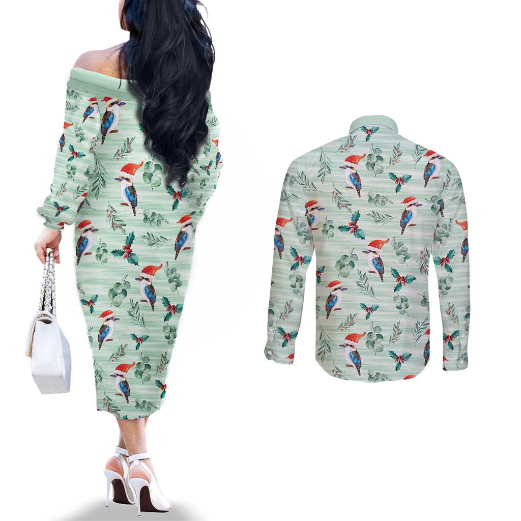 Australia Christmas Couples Matching Off The Shoulder Long Sleeve Dress and Long Sleeve Button Shirt Aussie Kookaburra Watercolor Seamless Style - Aussie Hoodie