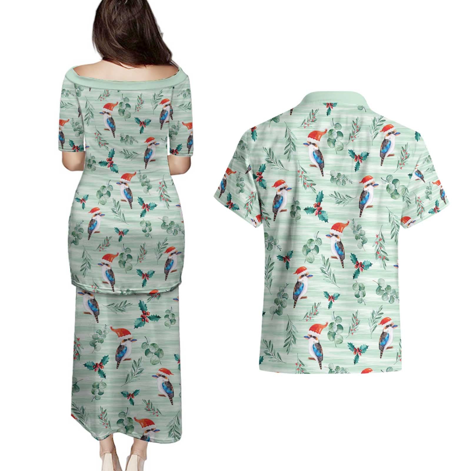 Australia Christmas Couples Matching Puletasi and Hawaiian Shirt Aussie Kookaburra Watercolor Seamless Style - Aussie Hoodie