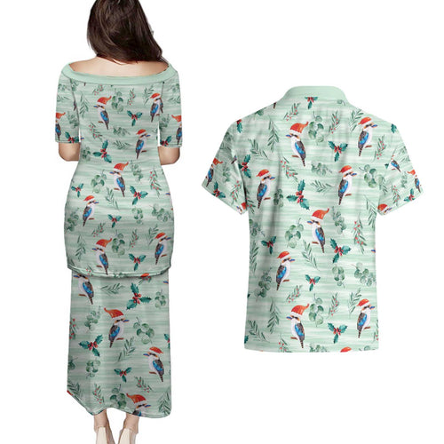 Australia Christmas Couples Matching Puletasi and Hawaiian Shirt Aussie Kookaburra Watercolor Seamless Style - Aussie Hoodie