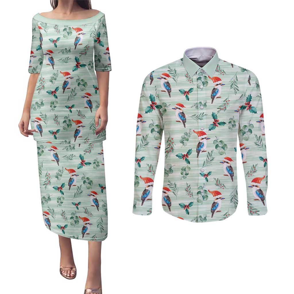 Australia Christmas Couples Matching Puletasi and Long Sleeve Button Shirt Aussie Kookaburra Watercolor Seamless Style - Aussie Hoodie