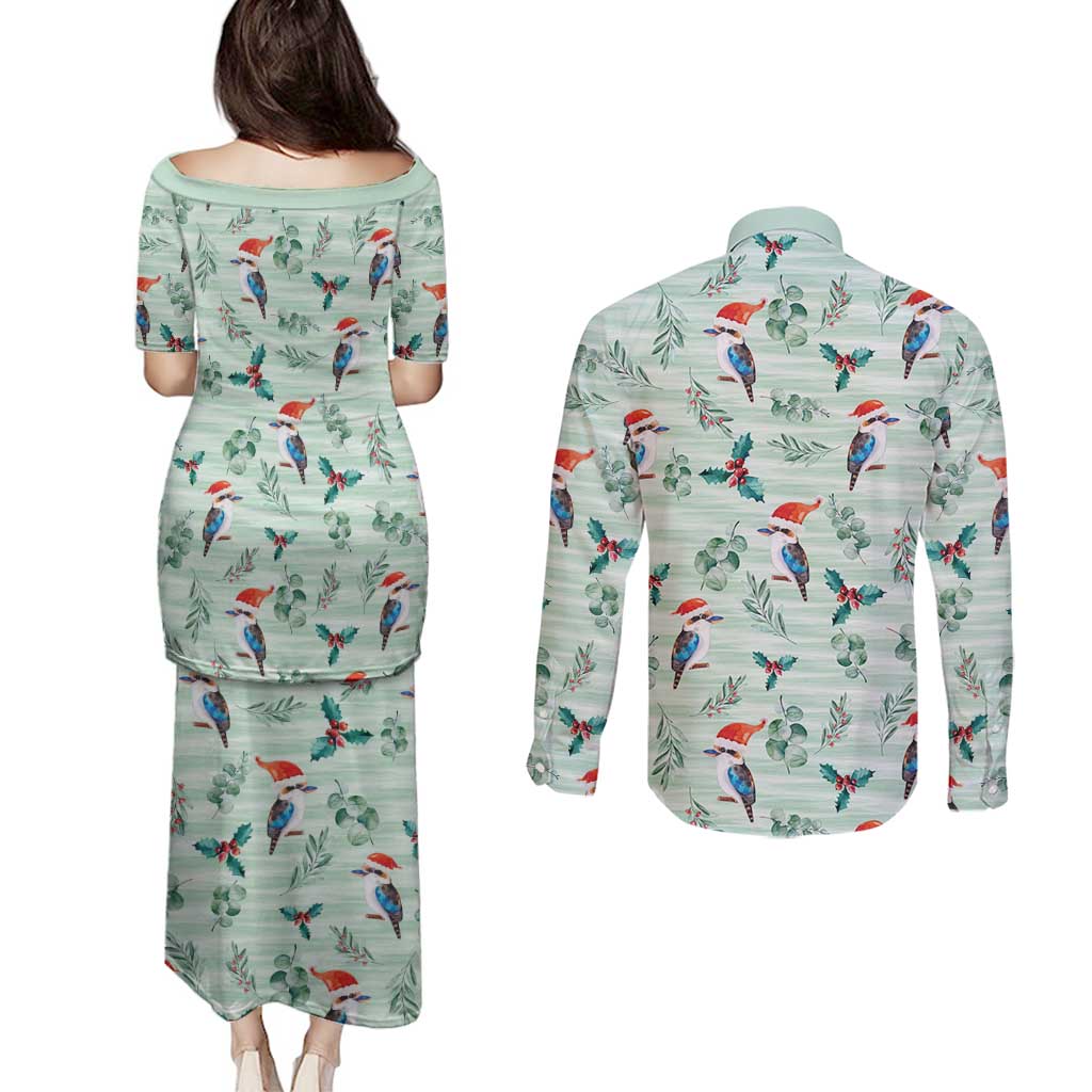 Australia Christmas Couples Matching Puletasi and Long Sleeve Button Shirt Aussie Kookaburra Watercolor Seamless Style - Aussie Hoodie