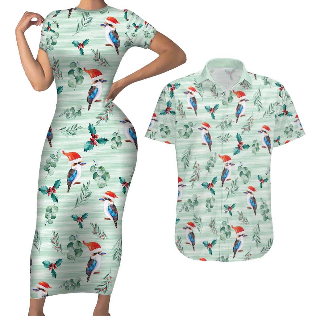 Australia Christmas Couples Matching Short Sleeve Bodycon Dress and Hawaiian Shirt Aussie Kookaburra Watercolor Seamless Style - Aussie Hoodie