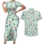 Australia Christmas Couples Matching Short Sleeve Bodycon Dress and Hawaiian Shirt Aussie Kookaburra Watercolor Seamless Style - Aussie Hoodie