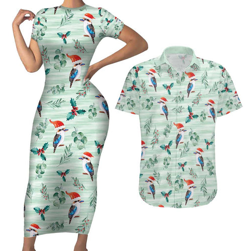 Australia Christmas Couples Matching Short Sleeve Bodycon Dress and Hawaiian Shirt Aussie Kookaburra Watercolor Seamless Style - Aussie Hoodie