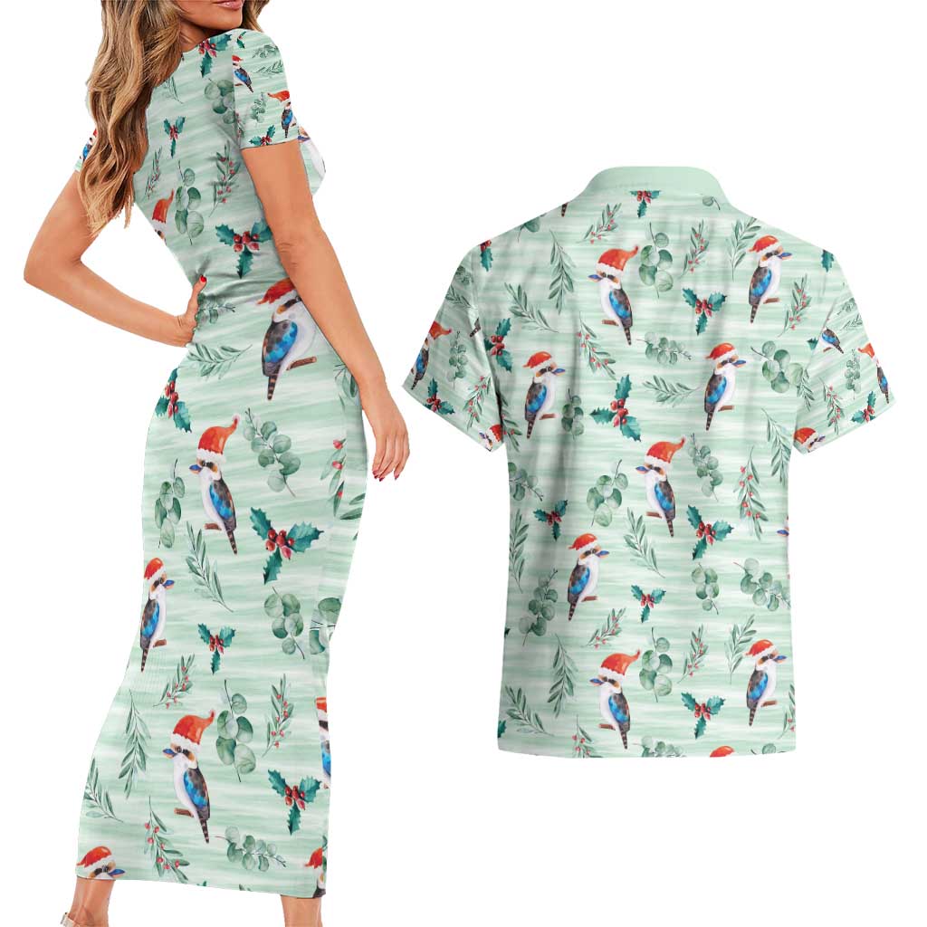 Australia Christmas Couples Matching Short Sleeve Bodycon Dress and Hawaiian Shirt Aussie Kookaburra Watercolor Seamless Style - Aussie Hoodie