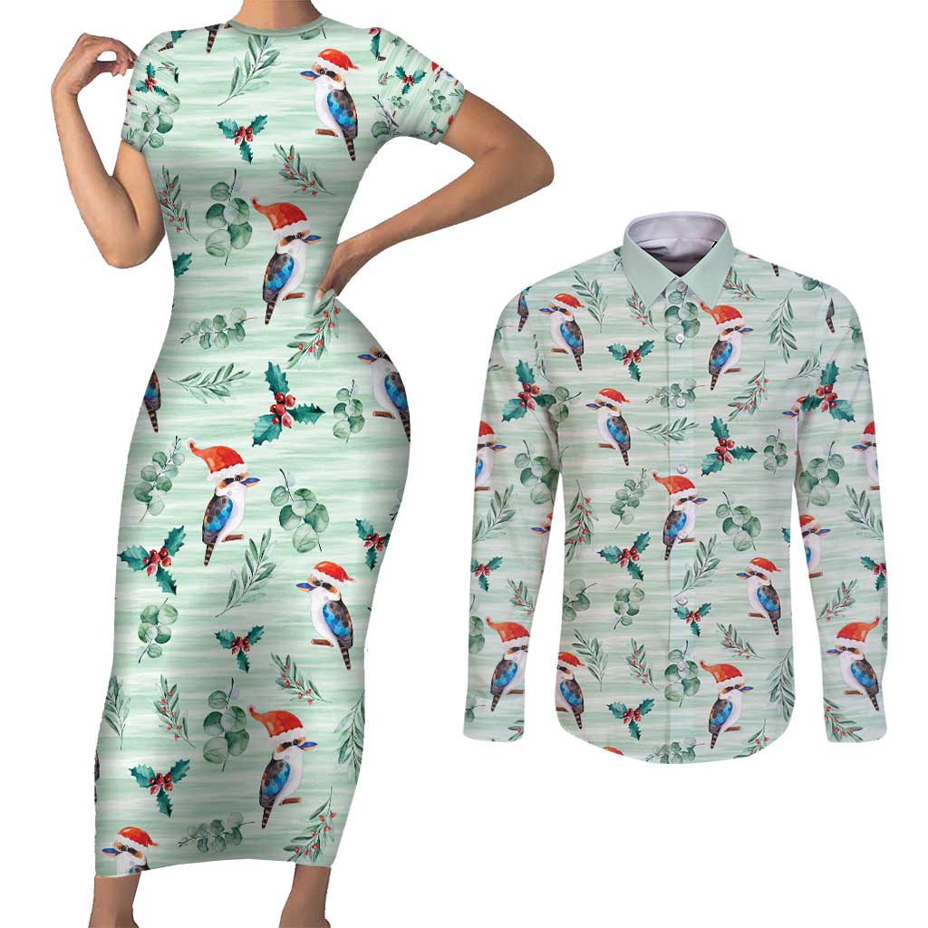 Australia Christmas Couples Matching Short Sleeve Bodycon Dress and Long Sleeve Button Shirt Aussie Kookaburra Watercolor Seamless Style - Aussie Hoodie