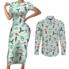 Australia Christmas Couples Matching Short Sleeve Bodycon Dress and Long Sleeve Button Shirt Aussie Kookaburra Watercolor Seamless Style - Aussie Hoodie
