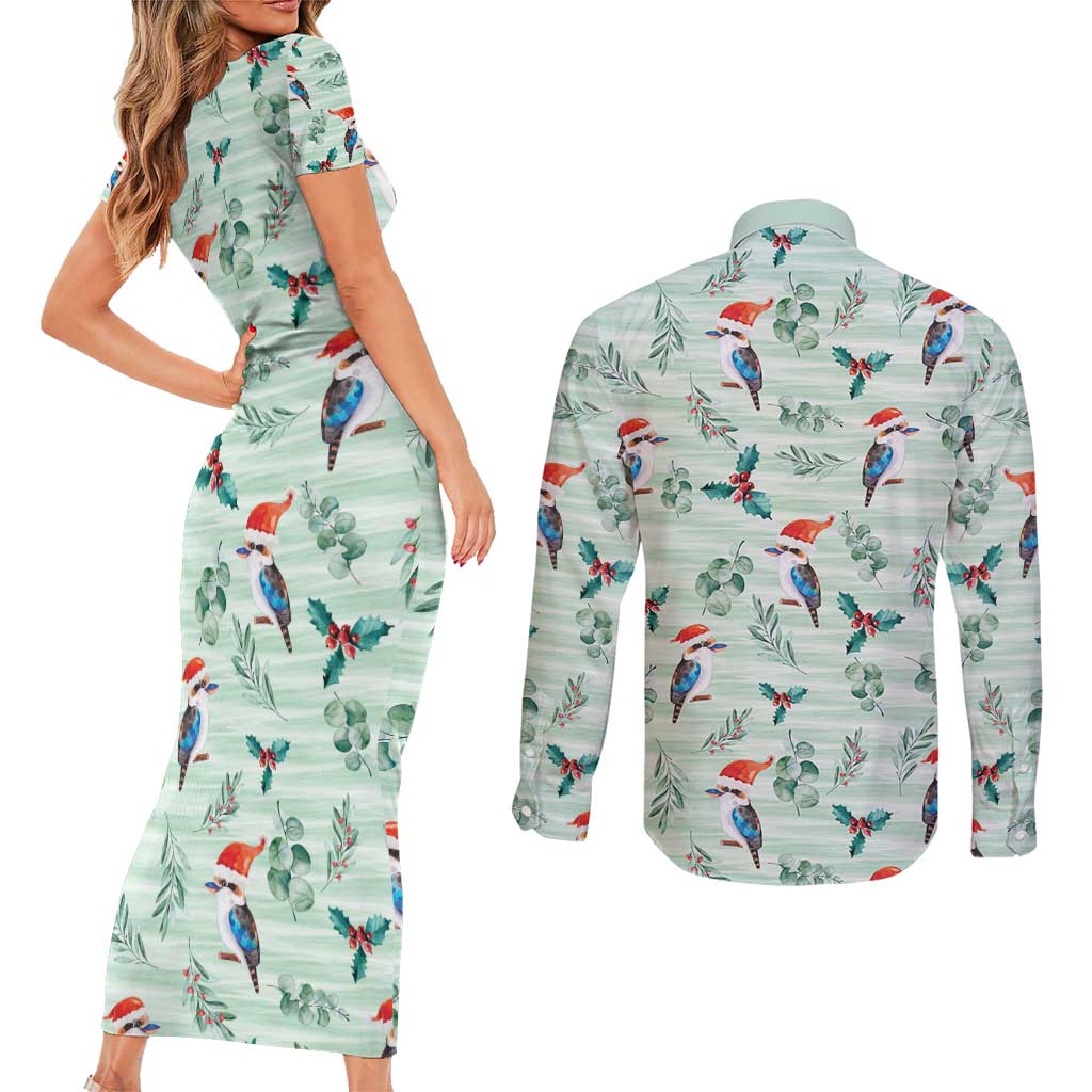 Australia Christmas Couples Matching Short Sleeve Bodycon Dress and Long Sleeve Button Shirt Aussie Kookaburra Watercolor Seamless Style - Aussie Hoodie