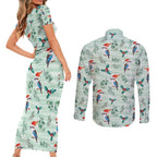 Australia Christmas Couples Matching Short Sleeve Bodycon Dress and Long Sleeve Button Shirt Aussie Kookaburra Watercolor Seamless Style - Aussie Hoodie