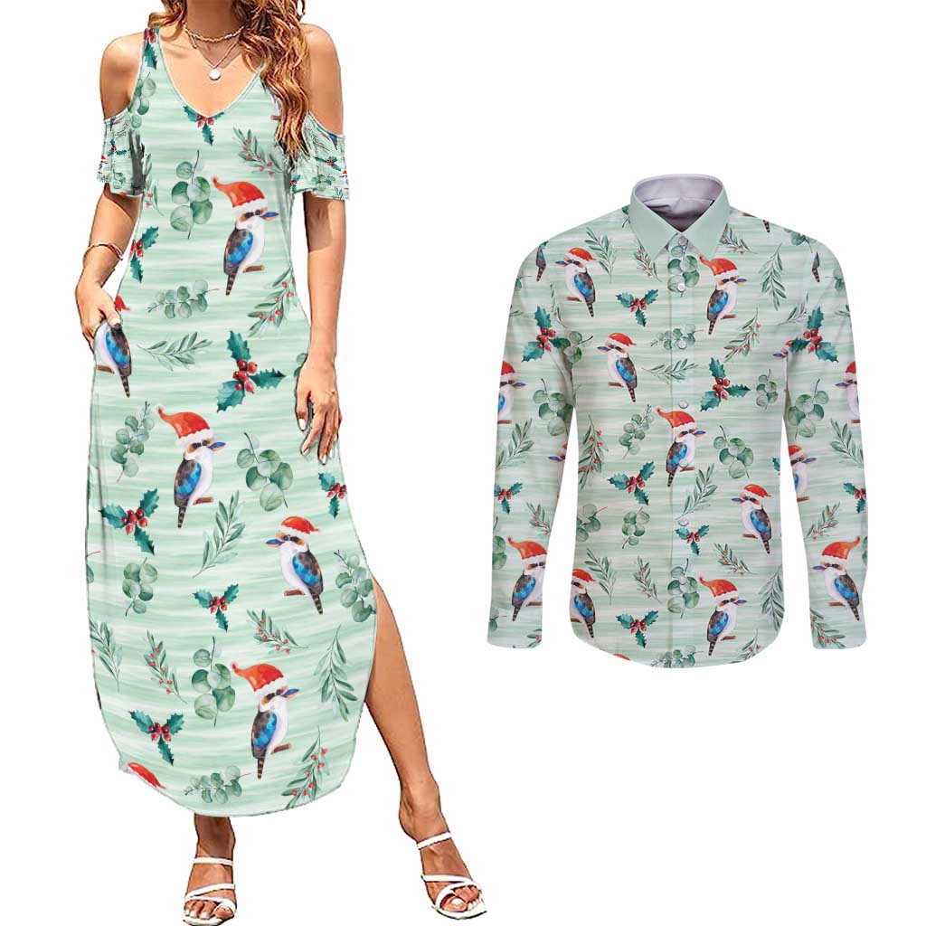 Australia Christmas Couples Matching Summer Maxi Dress and Long Sleeve Button Shirt Aussie Kookaburra Watercolor Seamless Style - Aussie Hoodie