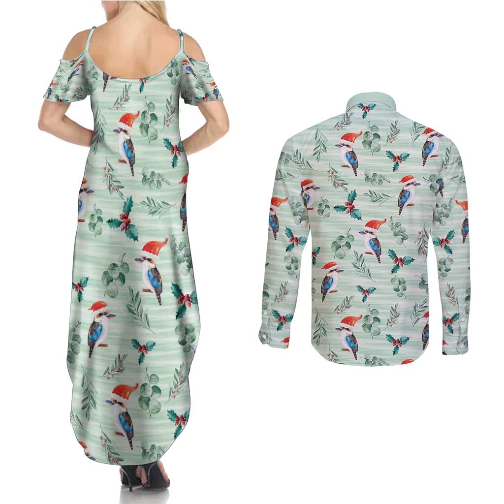 Australia Christmas Couples Matching Summer Maxi Dress and Long Sleeve Button Shirt Aussie Kookaburra Watercolor Seamless Style - Aussie Hoodie