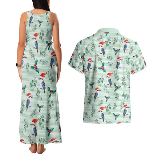 Australia Christmas Couples Matching Tank Maxi Dress and Hawaiian Shirt Aussie Kookaburra Watercolor Seamless Style - Aussie Hoodie