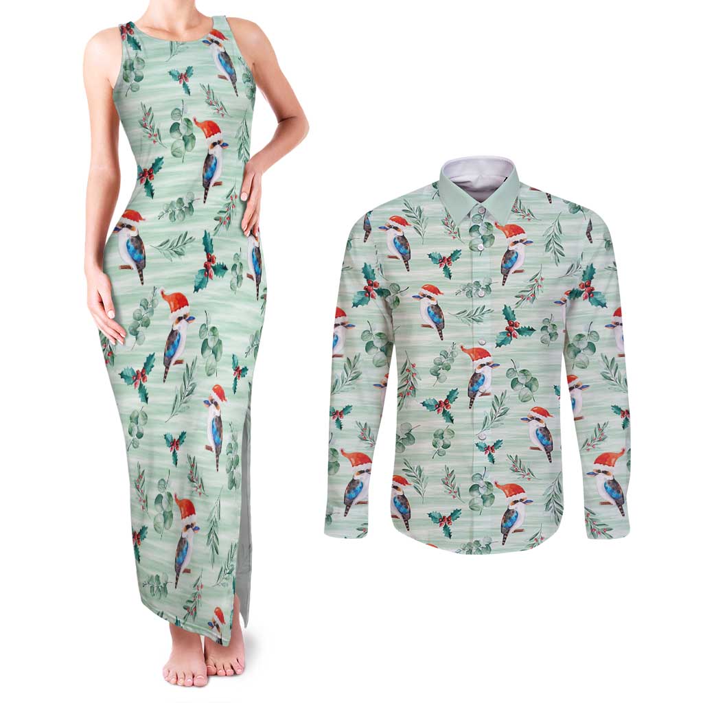 Australia Christmas Couples Matching Tank Maxi Dress and Long Sleeve Button Shirt Aussie Kookaburra Watercolor Seamless Style - Aussie Hoodie