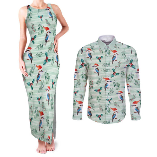 Australia Christmas Couples Matching Tank Maxi Dress and Long Sleeve Button Shirt Aussie Kookaburra Watercolor Seamless Style - Aussie Hoodie