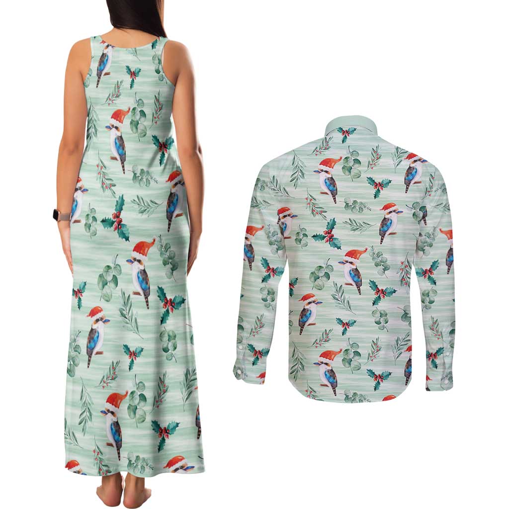Australia Christmas Couples Matching Tank Maxi Dress and Long Sleeve Button Shirt Aussie Kookaburra Watercolor Seamless Style - Aussie Hoodie