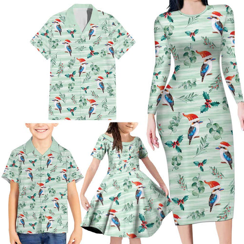 Australia Christmas Family Matching Long Sleeve Bodycon Dress and Hawaiian Shirt Aussie Kookaburra Watercolor Seamless Style - Aussie Hoodie
