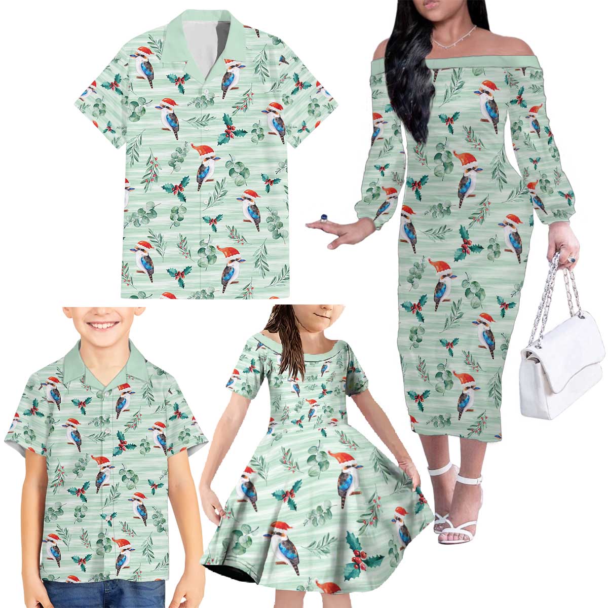 Australia Christmas Family Matching Off The Shoulder Long Sleeve Dress and Hawaiian Shirt Aussie Kookaburra Watercolor Seamless Style - Aussie Hoodie