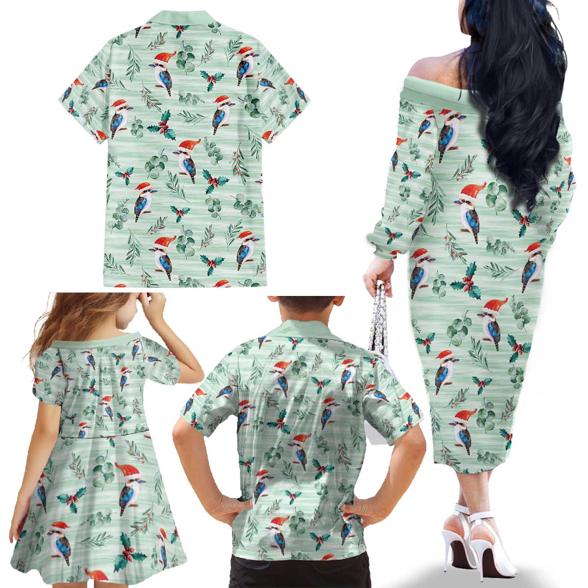 Australia Christmas Family Matching Off The Shoulder Long Sleeve Dress and Hawaiian Shirt Aussie Kookaburra Watercolor Seamless Style - Aussie Hoodie