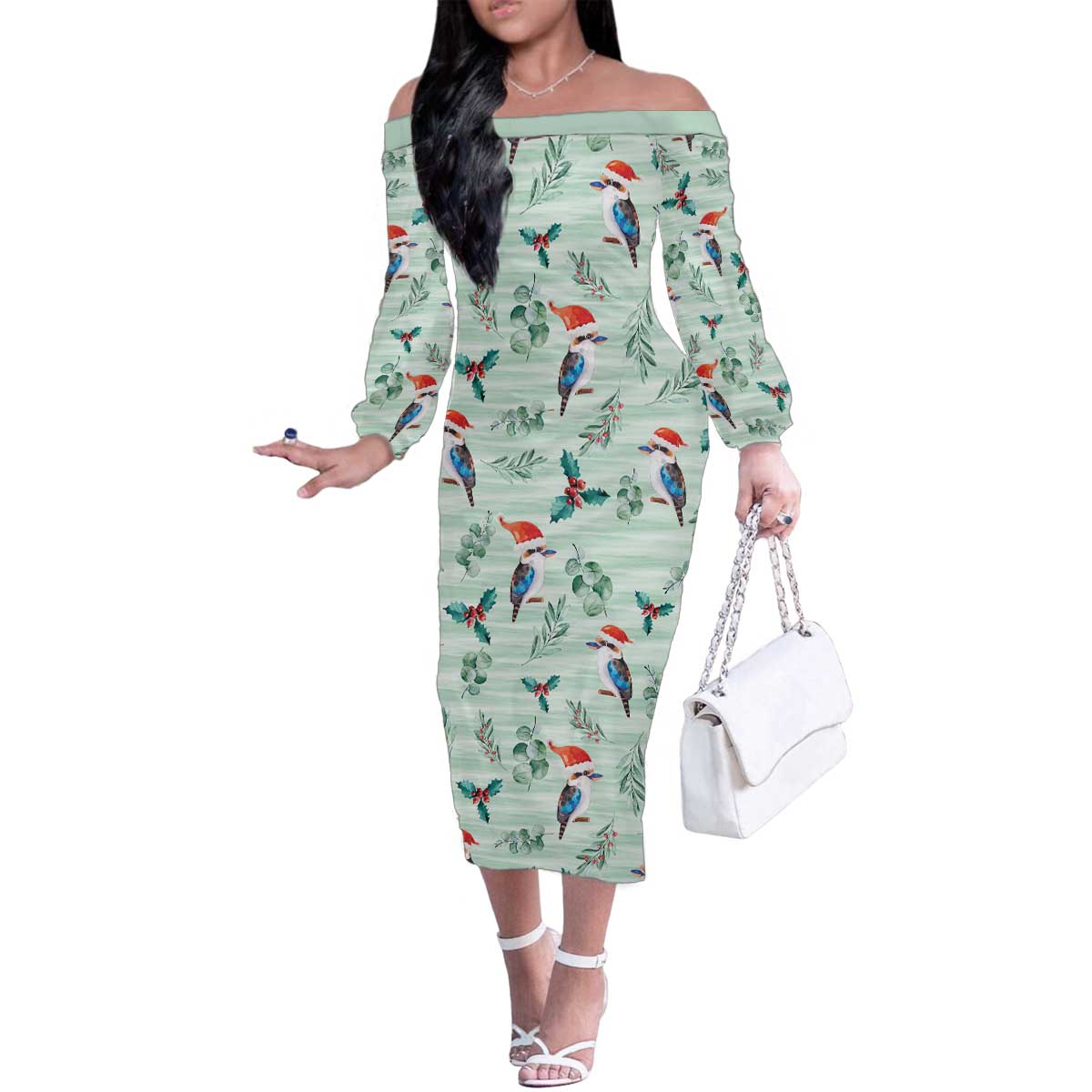 Australia Christmas Family Matching Off The Shoulder Long Sleeve Dress and Hawaiian Shirt Aussie Kookaburra Watercolor Seamless Style - Aussie Hoodie