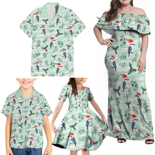 Australia Christmas Family Matching Off Shoulder Maxi Dress and Hawaiian Shirt Aussie Kookaburra Watercolor Seamless Style - Aussie Hoodie