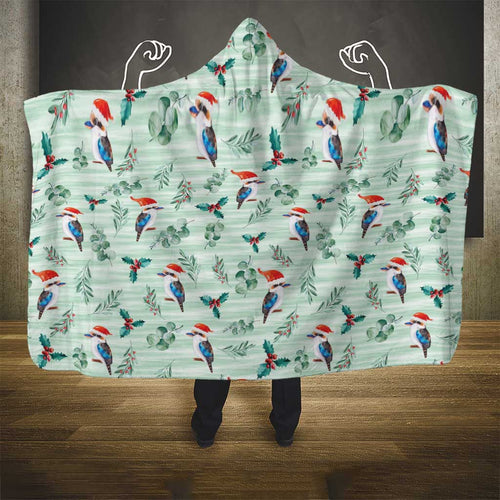 Australia Christmas Hooded Blanket Aussie Kookaburra Watercolor Seamless Style - Aussie Hoodie