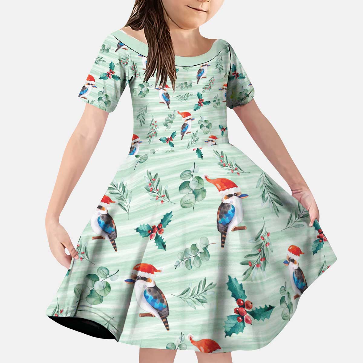 Australia Christmas Kid Short Sleeve Dress Aussie Kookaburra Watercolor Seamless Style - Aussie Hoodie