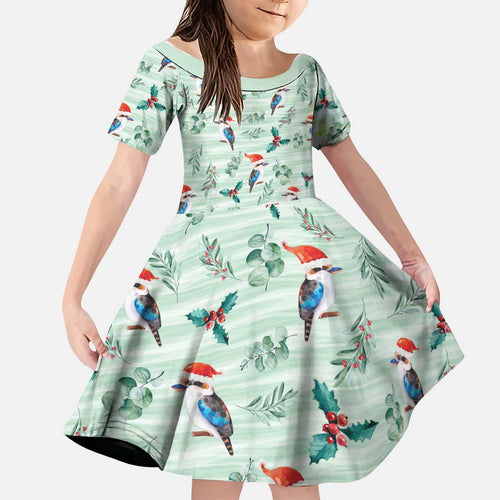Australia Christmas Kid Short Sleeve Dress Aussie Kookaburra Watercolor Seamless Style - Aussie Hoodie