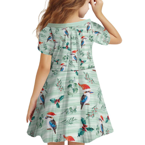Australia Christmas Kid Short Sleeve Dress Aussie Kookaburra Watercolor Seamless Style - Aussie Hoodie