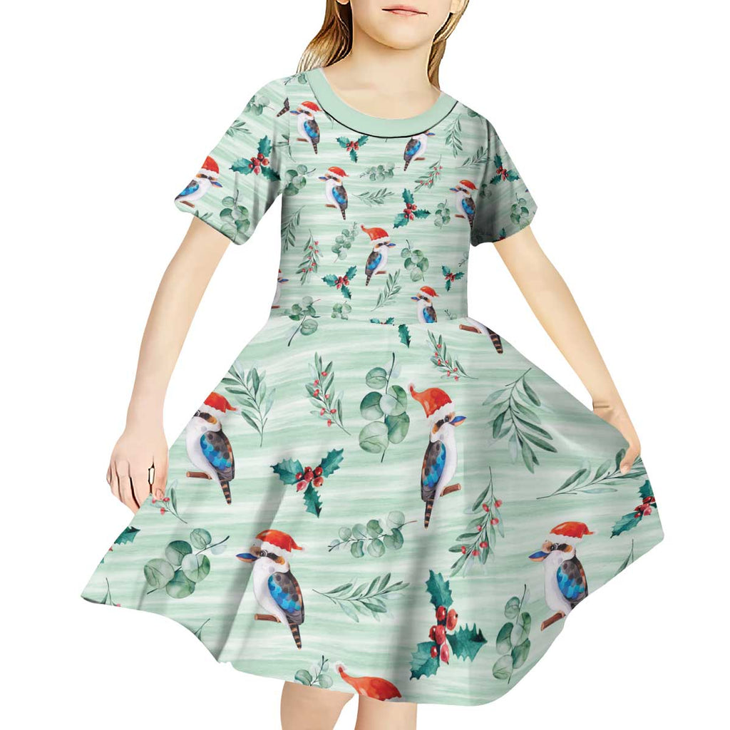 Australia Christmas Kid Short Sleeve Dress Aussie Kookaburra Watercolor Seamless Style - Aussie Hoodie