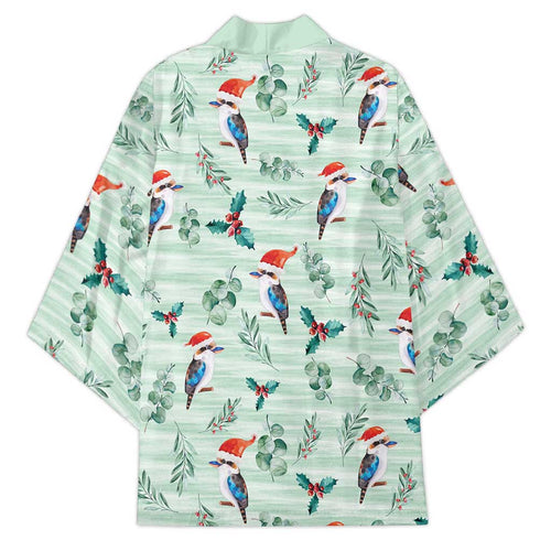 Australia Christmas Kimono Aussie Kookaburra Watercolor Seamless Style - Aussie Hoodie