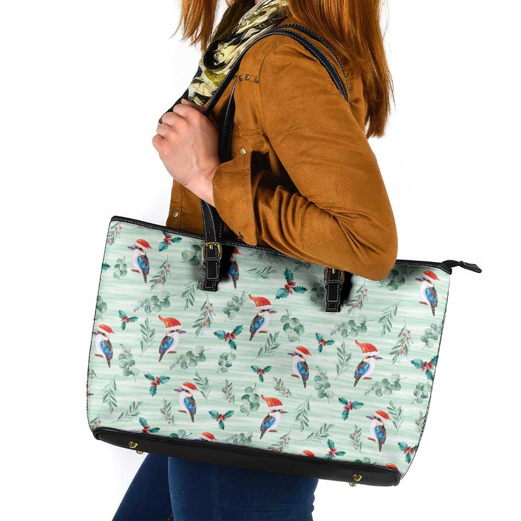 Australia Christmas Leather Tote Bag Aussie Kookaburra Watercolor Seamless Style - Aussie Hoodie
