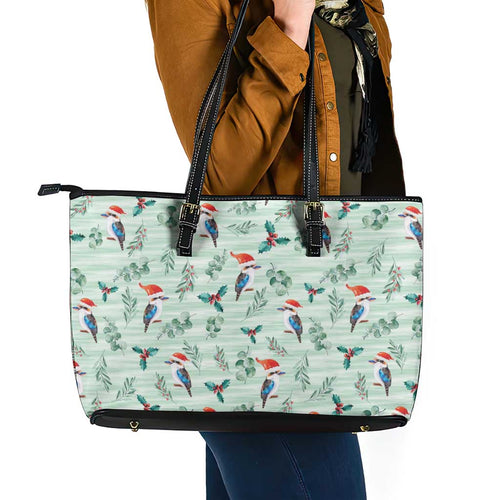 Australia Christmas Leather Tote Bag Aussie Kookaburra Watercolor Seamless Style - Aussie Hoodie