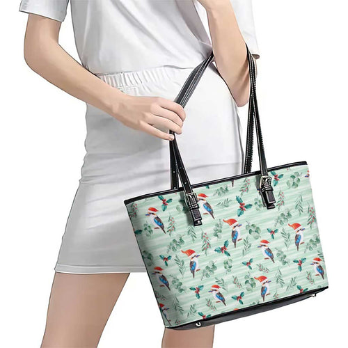 Australia Christmas Leather Tote Bag Aussie Kookaburra Watercolor Seamless Style - Aussie Hoodie