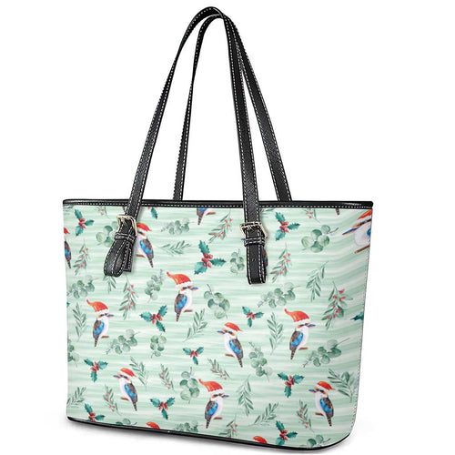 Australia Christmas Leather Tote Bag Aussie Kookaburra Watercolor Seamless Style - Aussie Hoodie