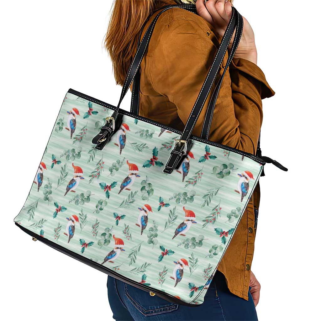 Australia Christmas Leather Tote Bag Aussie Kookaburra Watercolor Seamless Style - Aussie Hoodie