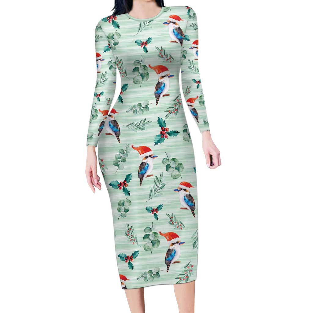 Australia Christmas Long Sleeve Bodycon Dress Aussie Kookaburra Watercolor Seamless Style - Aussie Hoodie