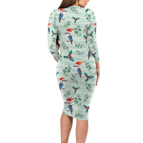 Australia Christmas Long Sleeve Bodycon Dress Aussie Kookaburra Watercolor Seamless Style - Aussie Hoodie
