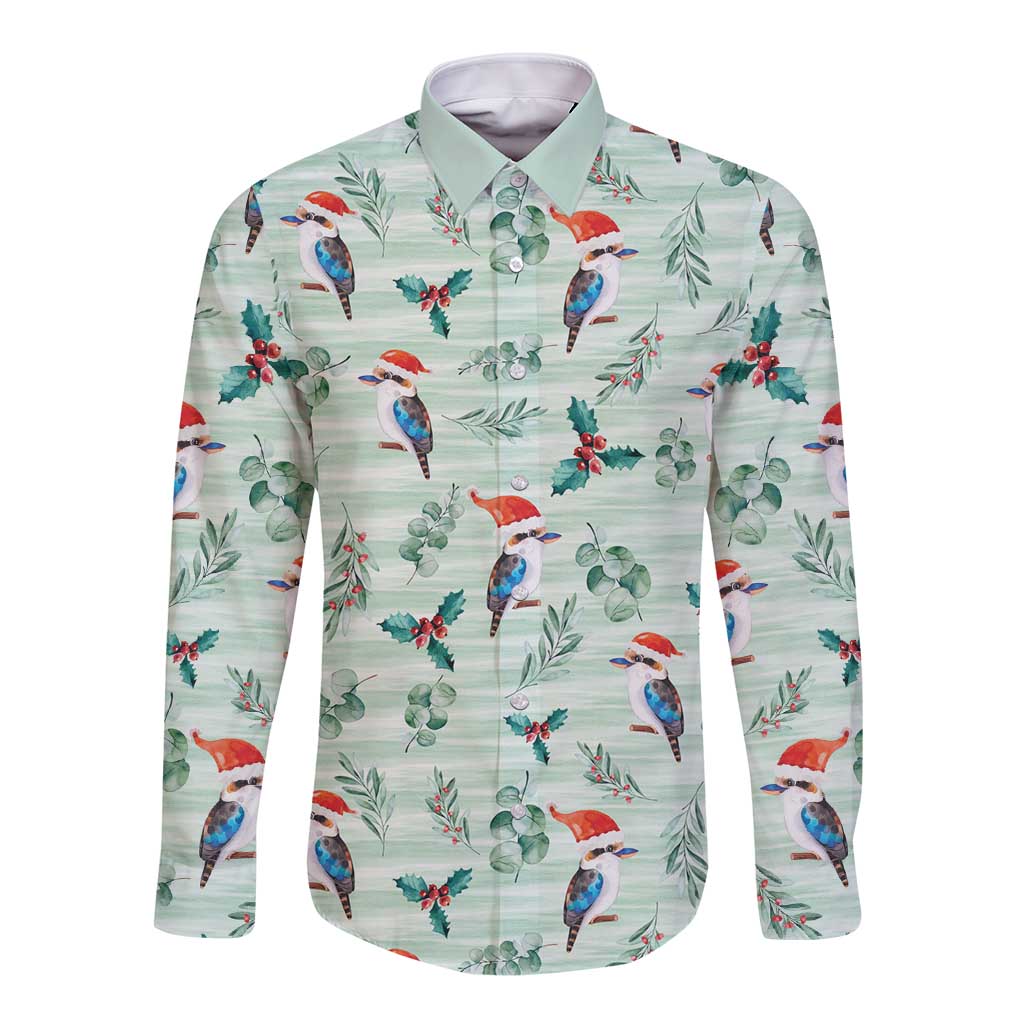 Australia Christmas Long Sleeve Button Shirt Aussie Kookaburra Watercolor Seamless Style - Aussie Hoodie