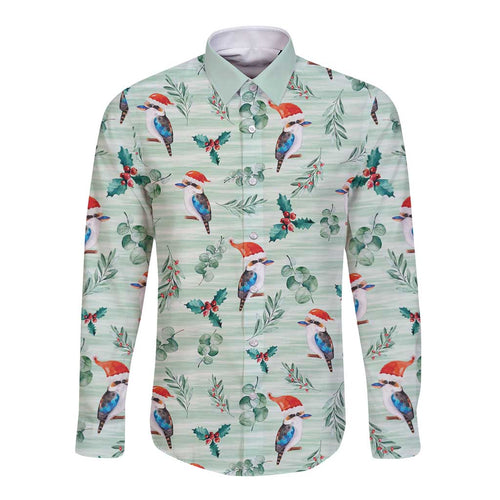 Australia Christmas Long Sleeve Button Shirt Aussie Kookaburra Watercolor Seamless Style - Aussie Hoodie