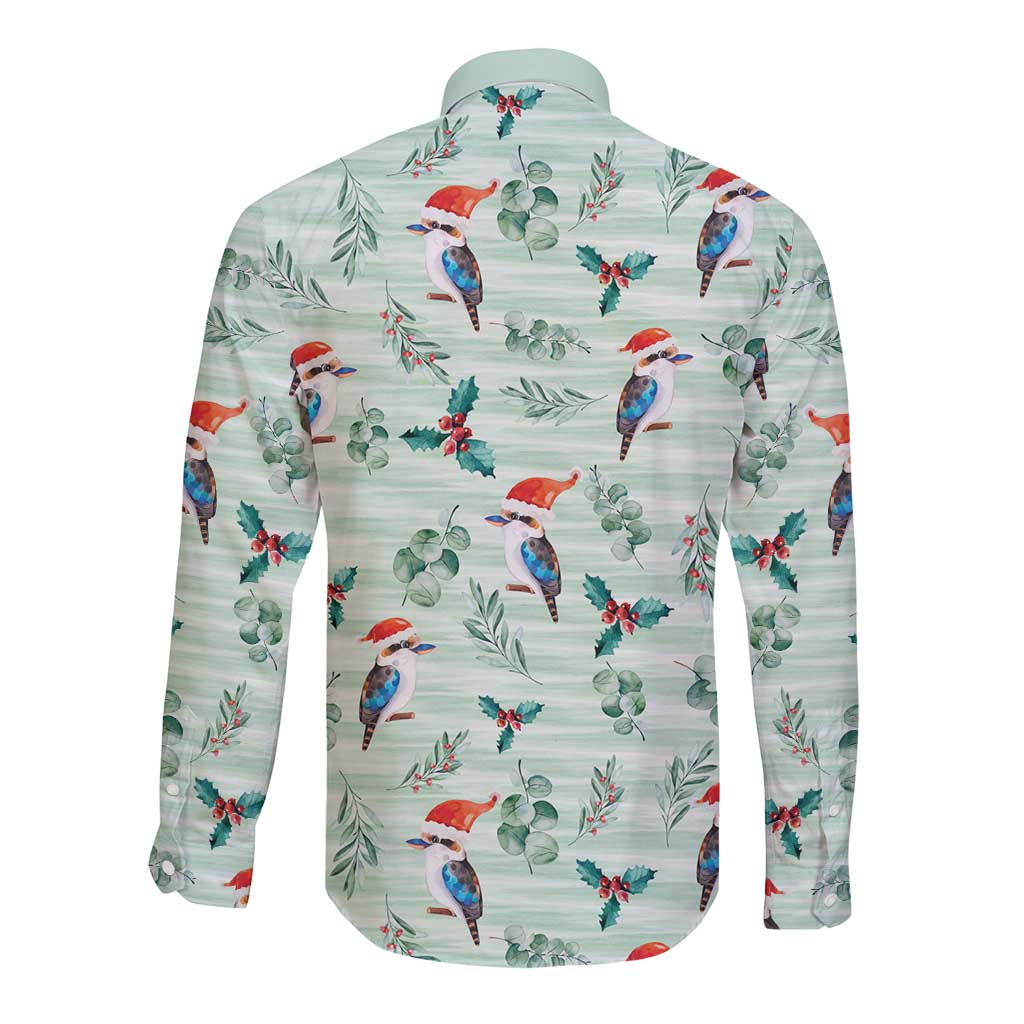 Australia Christmas Long Sleeve Button Shirt Aussie Kookaburra Watercolor Seamless Style - Aussie Hoodie