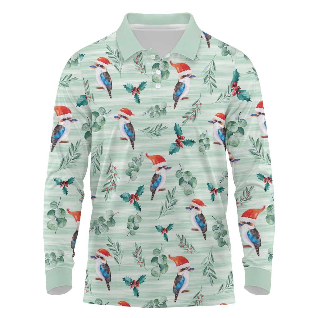 Australia Christmas Long Sleeve Polo Shirt Aussie Kookaburra Watercolor Seamless Style - Aussie Hoodie