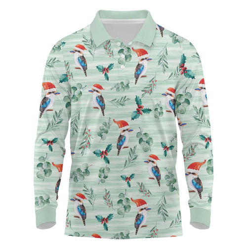 Australia Christmas Long Sleeve Polo Shirt Aussie Kookaburra Watercolor Seamless Style - Aussie Hoodie