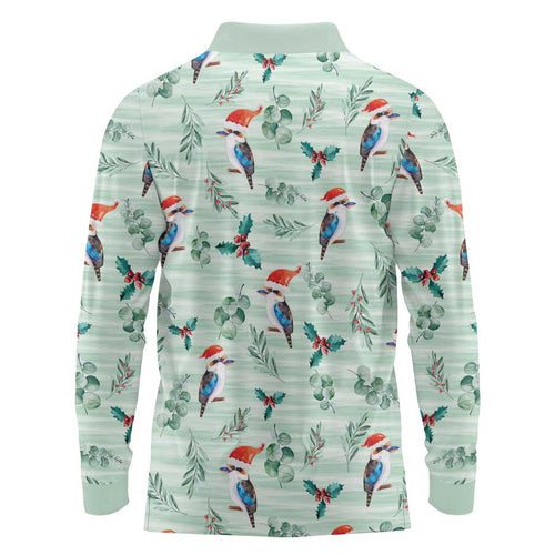 Australia Christmas Long Sleeve Polo Shirt Aussie Kookaburra Watercolor Seamless Style - Aussie Hoodie