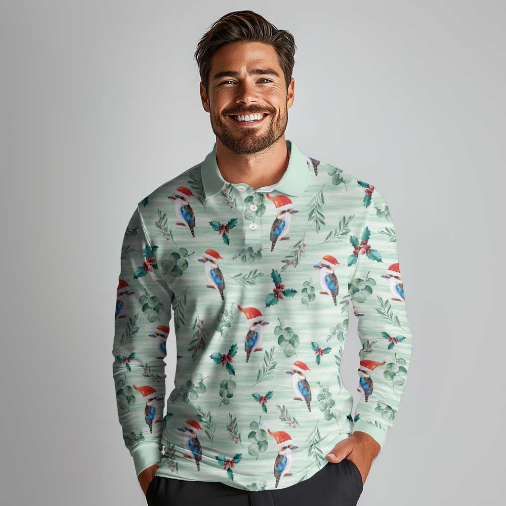 Australia Christmas Long Sleeve Polo Shirt Aussie Kookaburra Watercolor Seamless Style - Aussie Hoodie