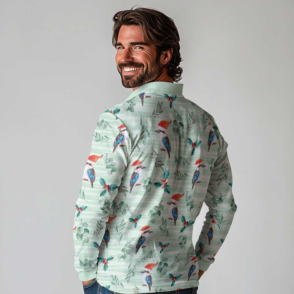 Australia Christmas Long Sleeve Polo Shirt Aussie Kookaburra Watercolor Seamless Style - Aussie Hoodie